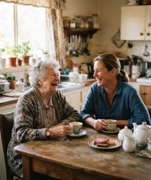 An older woman and a volunteer visitor laughing together over tea.