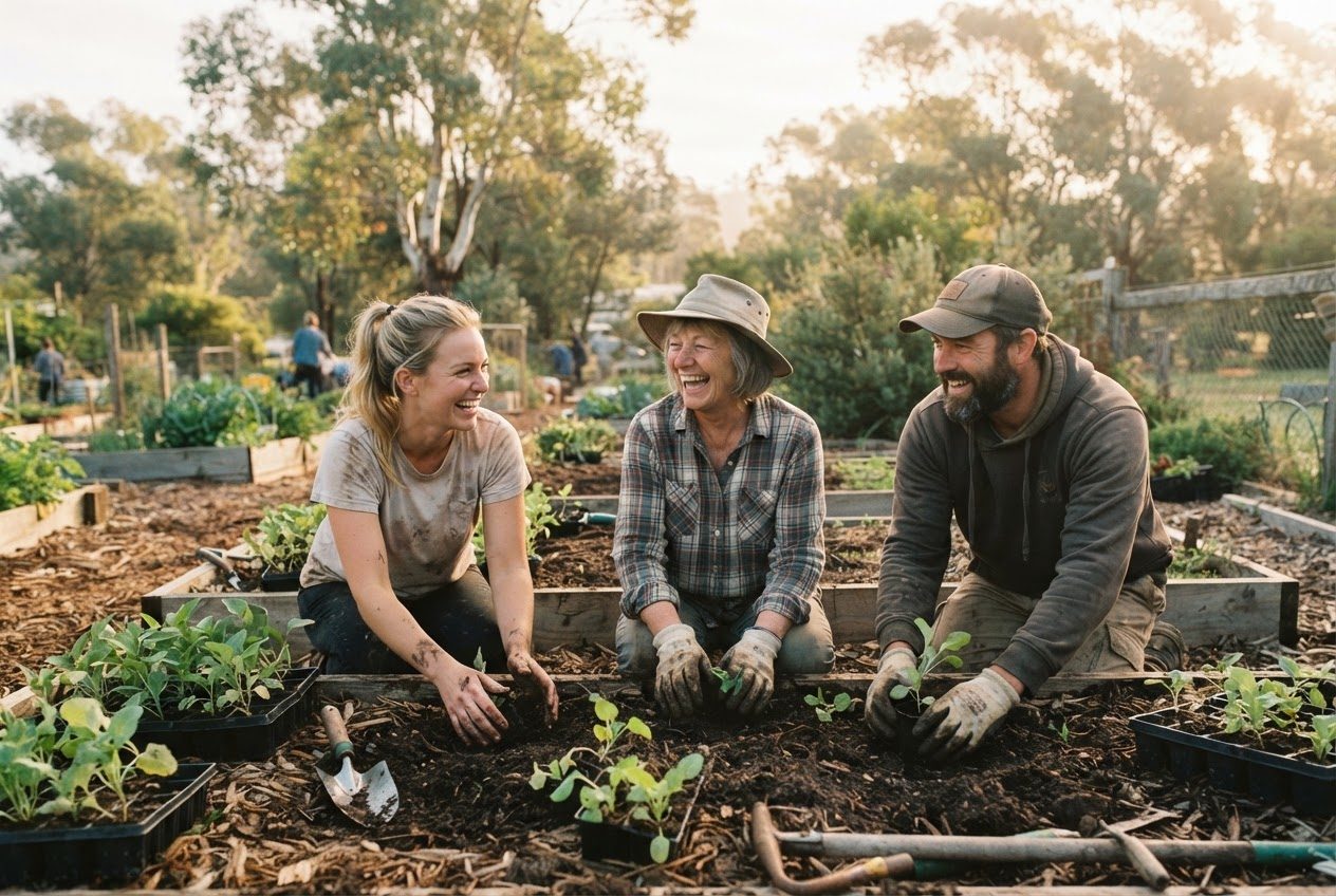 Volunteers of mixed ages planting seedlings together at a community garden.